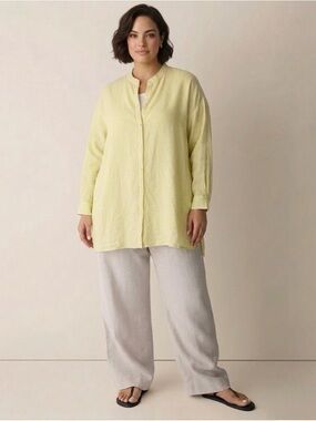 Eileen Fisher Organic Linen Relaxed Fit Shirt 2X Tunic Top Button Down Yellow